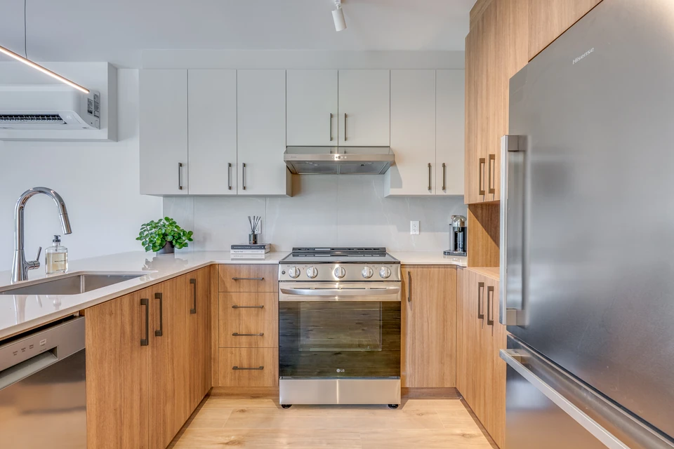 Cuisine équipée avec cuisinière et réfrigérateur