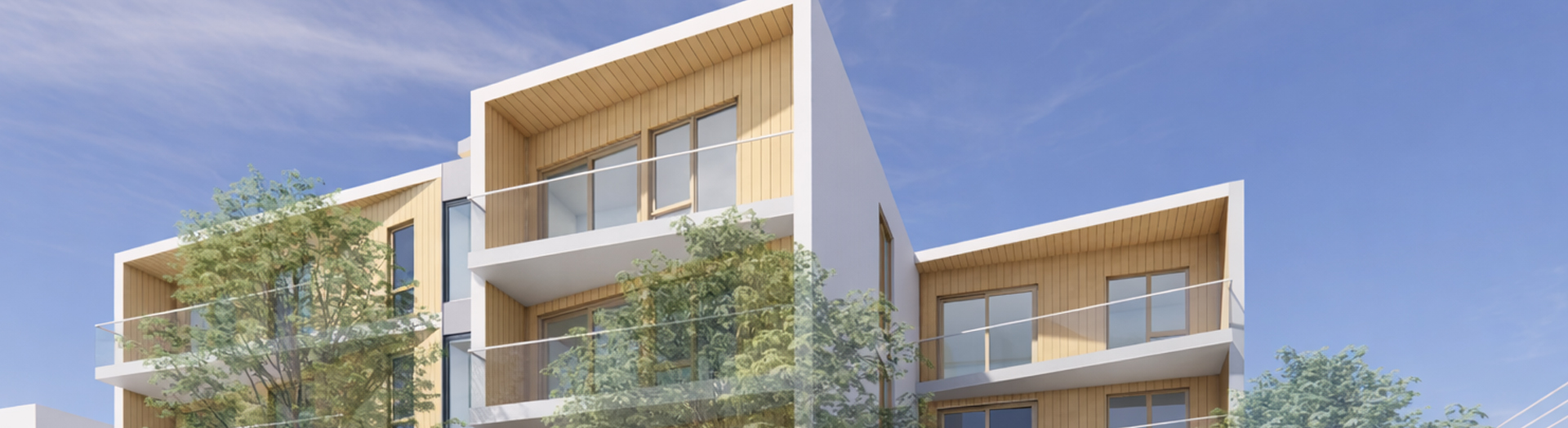 Façade de Trait-Carré, balcons aux accents de bois et arbres