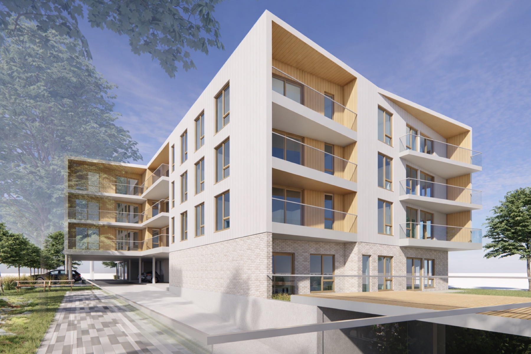 Architecture contemporaine de Trait-Carré : façade blanche, balcons et accents de bois
